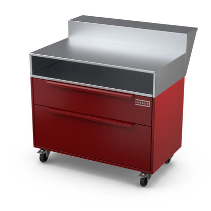 Two Drawer Base Cabinet and bar stand in dark cherry red, shown at an angle