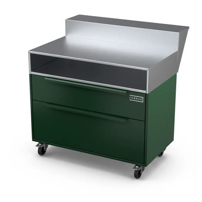 Angled shot of the Two Drawer Base Cabinet with bar stand in green chilli