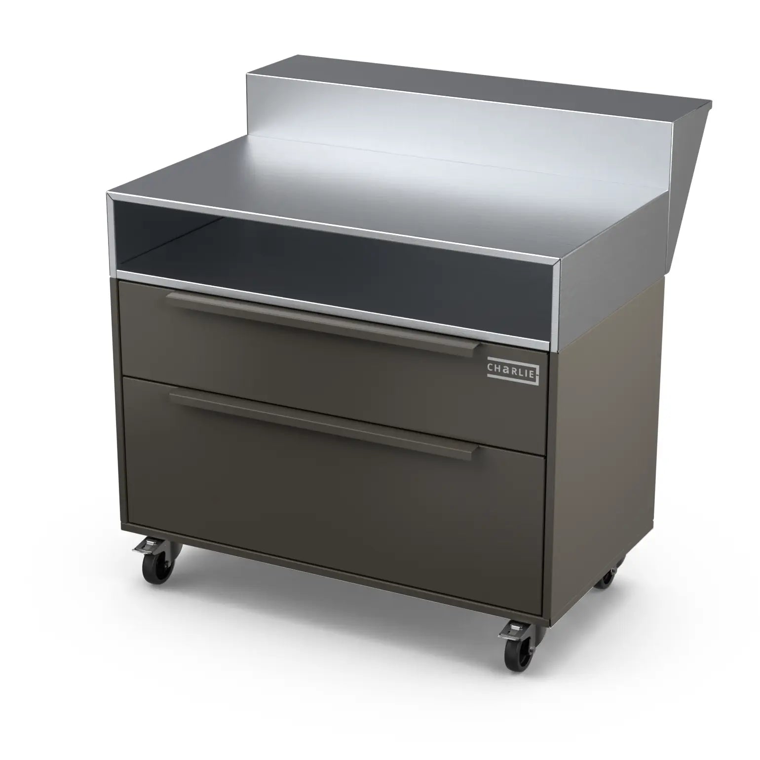 Two Drawer Base Cabinet with bar stand in porcini beige, angled view
