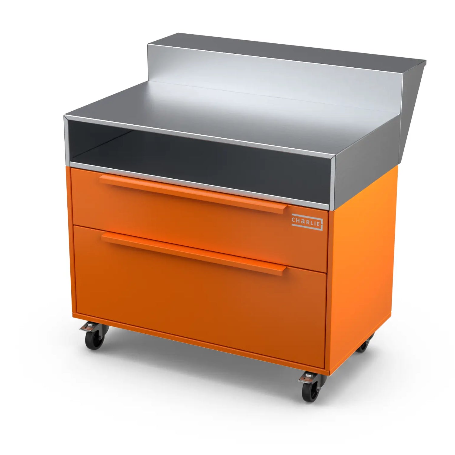 Two Drawer Base Cabinet with bar stand in saffron yellow, angled view