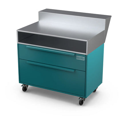Two Drawer Base Cabinet with bar stand in teal duck blue, angled view