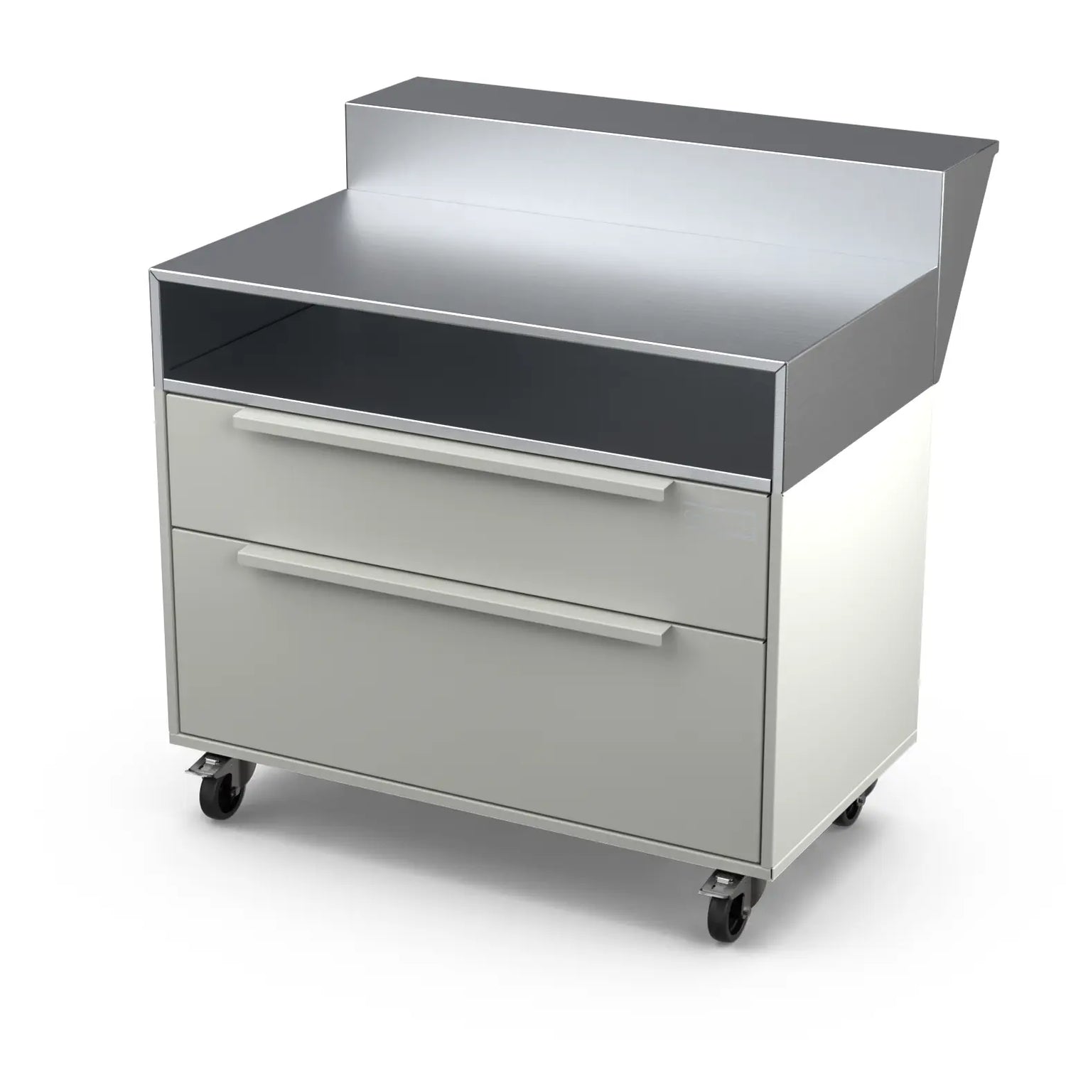 Two Drawer Base Cabinet and bar stand in truffle grey, shown at an angle