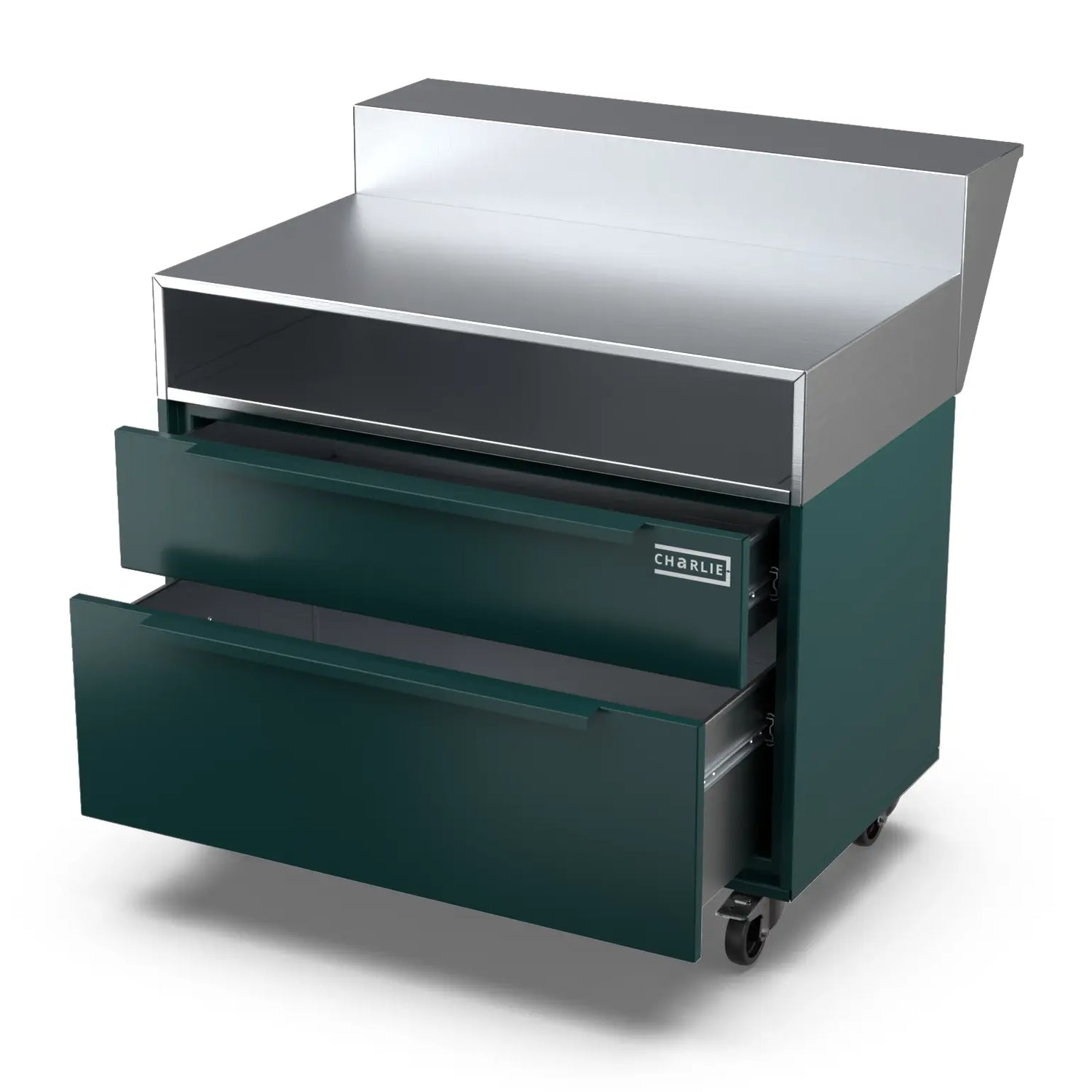 Two Drawer Base Cabinet with bar stand in agave green, drawer pulled open