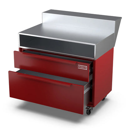 Two Drawer Base Cabinet with bar stand in dark cherry red, drawer pulled open