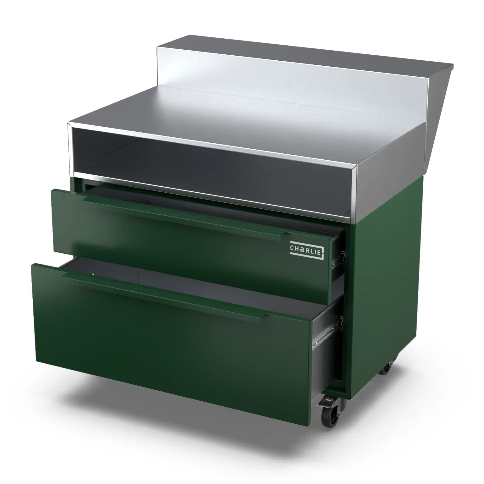Two Drawer Base Cabinet and bar stand in green chilli with a drawer open