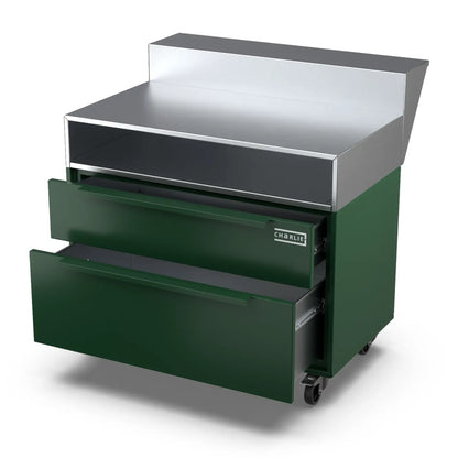 Two Drawer Base Cabinet and bar stand in green chilli with a drawer open