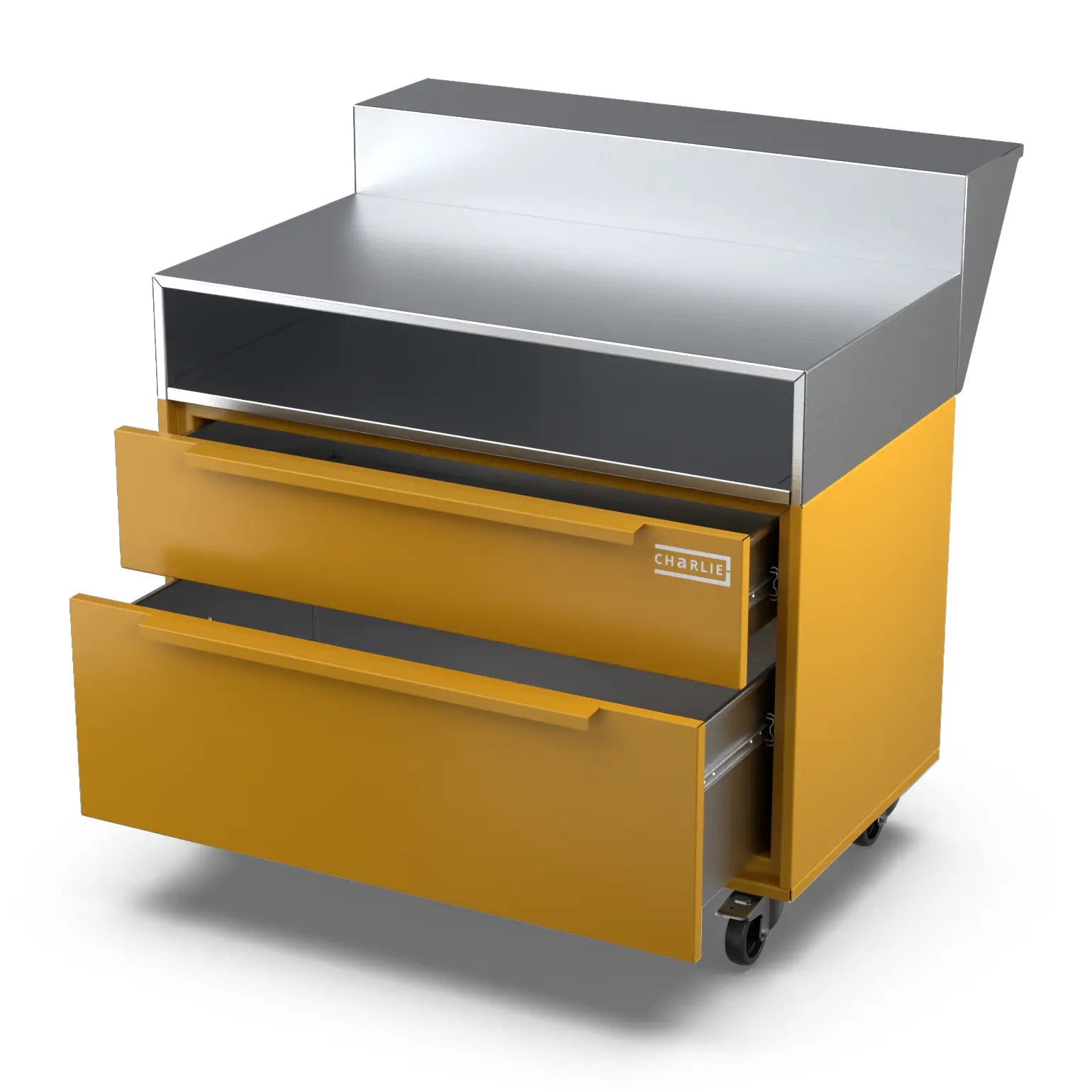 Open drawer detail of the Two Drawer Base Cabinet with bar stand in honeycomb yellow