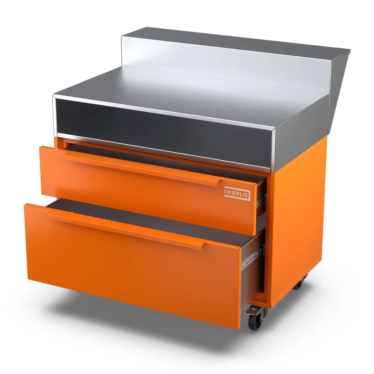 Two Drawer Base Cabinet and bar stand in saffron yellow with a drawer open