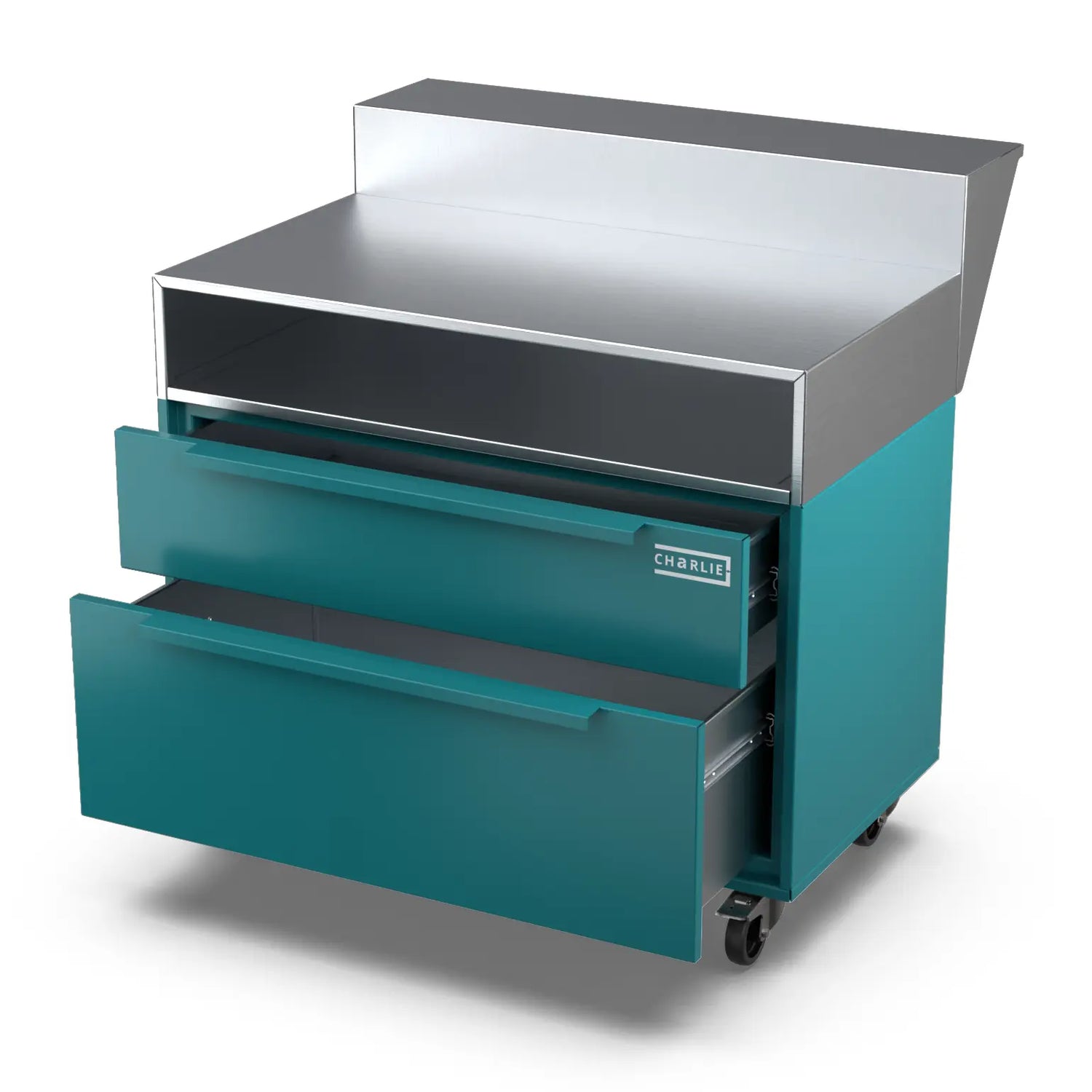 Two Drawer Base Cabinet and bar stand in teal duck blue with a drawer open
