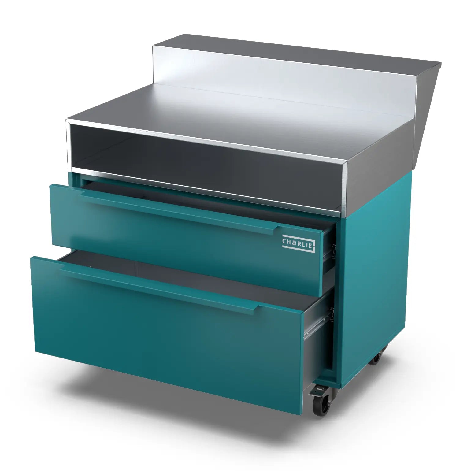 Two Drawer Base Cabinet and bar stand in teal duck blue with a drawer open