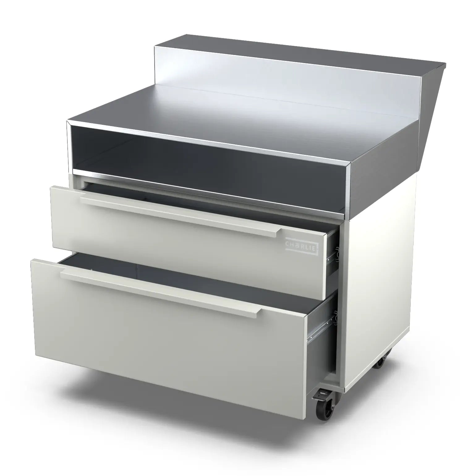 Two Drawer Base Cabinet with bar stand in truffle grey, drawer pulled open