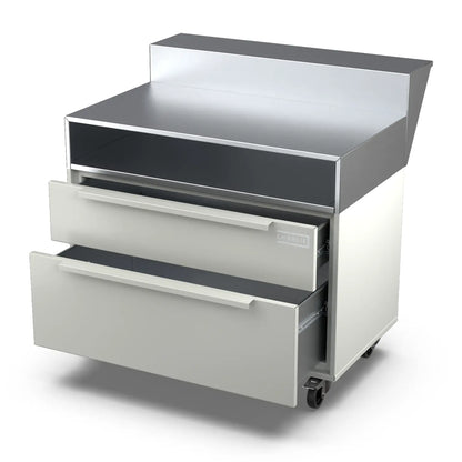 Two Drawer Base Cabinet with bar stand in truffle grey, drawer pulled open