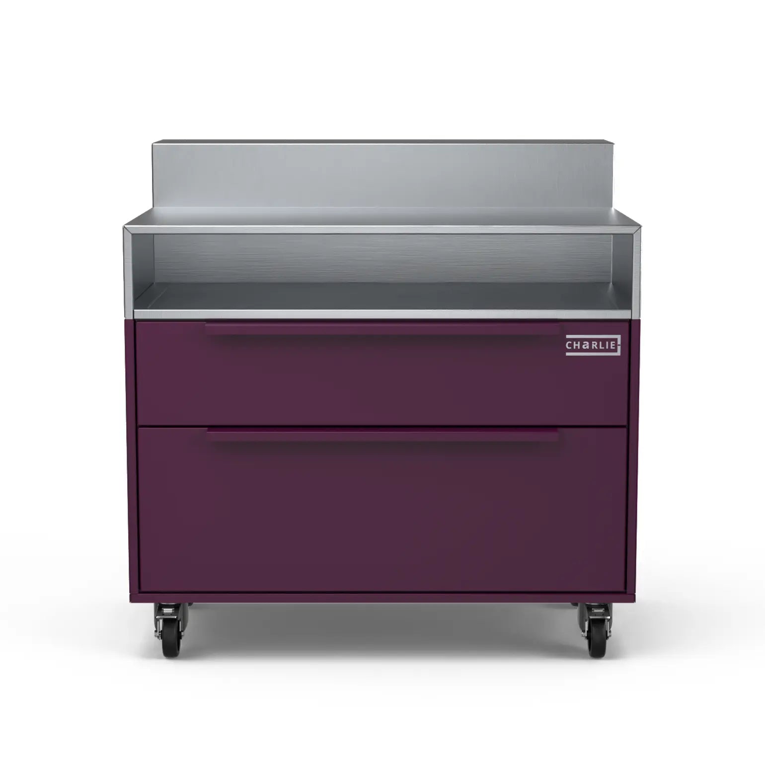 Two Drawer Base Cabinet with bar stand in beetroot red, front view