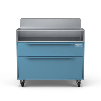 Two Drawer Base Cabinet and bar stand in blue marlin blue, straight on