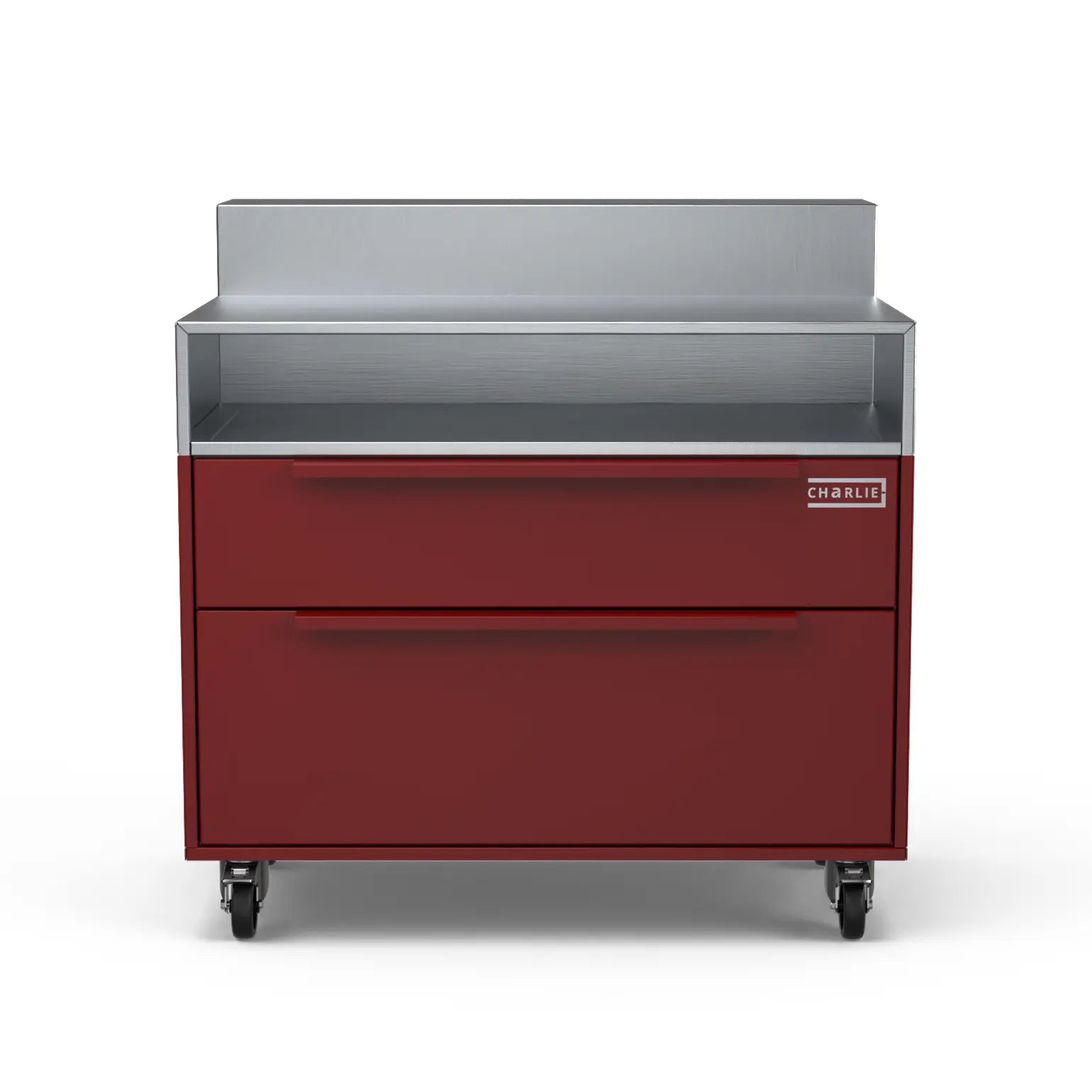 Two Drawer Base Cabinet and bar stand in dark cherry red, straight on