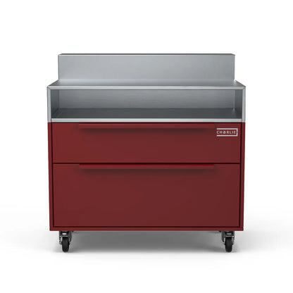 Two Drawer Base Cabinet and bar stand in dark cherry red, straight on