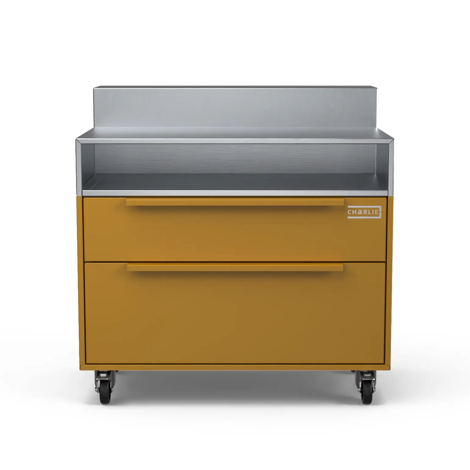 Front facing Two Drawer Base Cabinet with bar stand in honeycomb yellow