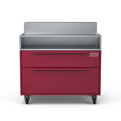 Two Drawer Base Cabinet with bar stand in rhubarb pink, front view