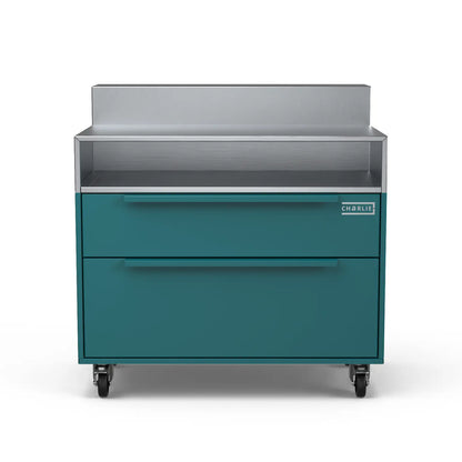 Front facing Two Drawer Base Cabinet with bar stand in teal duck blue