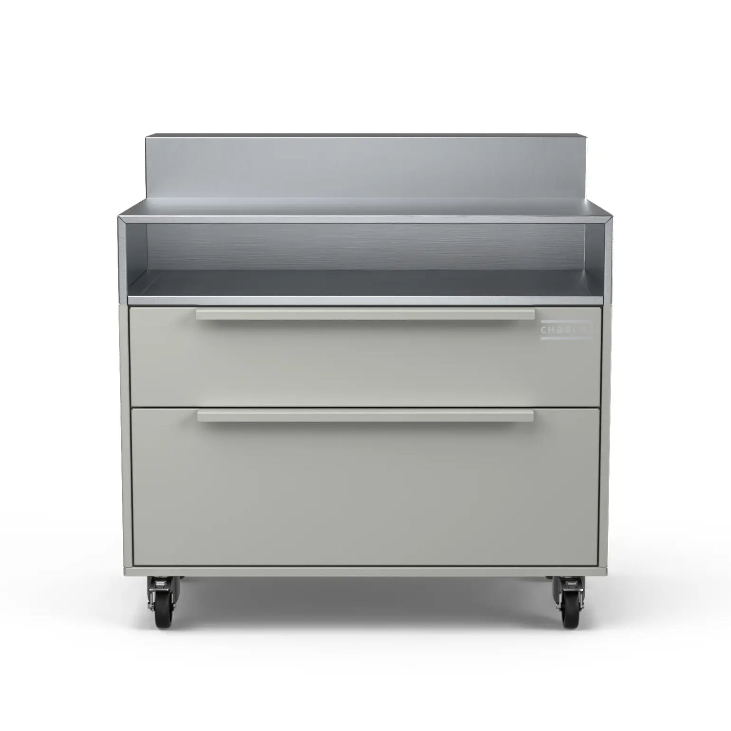 Two Drawer Base Cabinet with bar stand in truffle grey, front view
