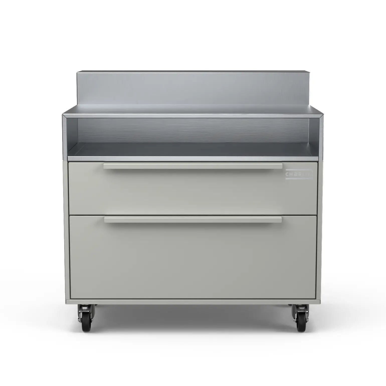 Two Drawer Base Cabinet with bar stand in truffle grey, front view