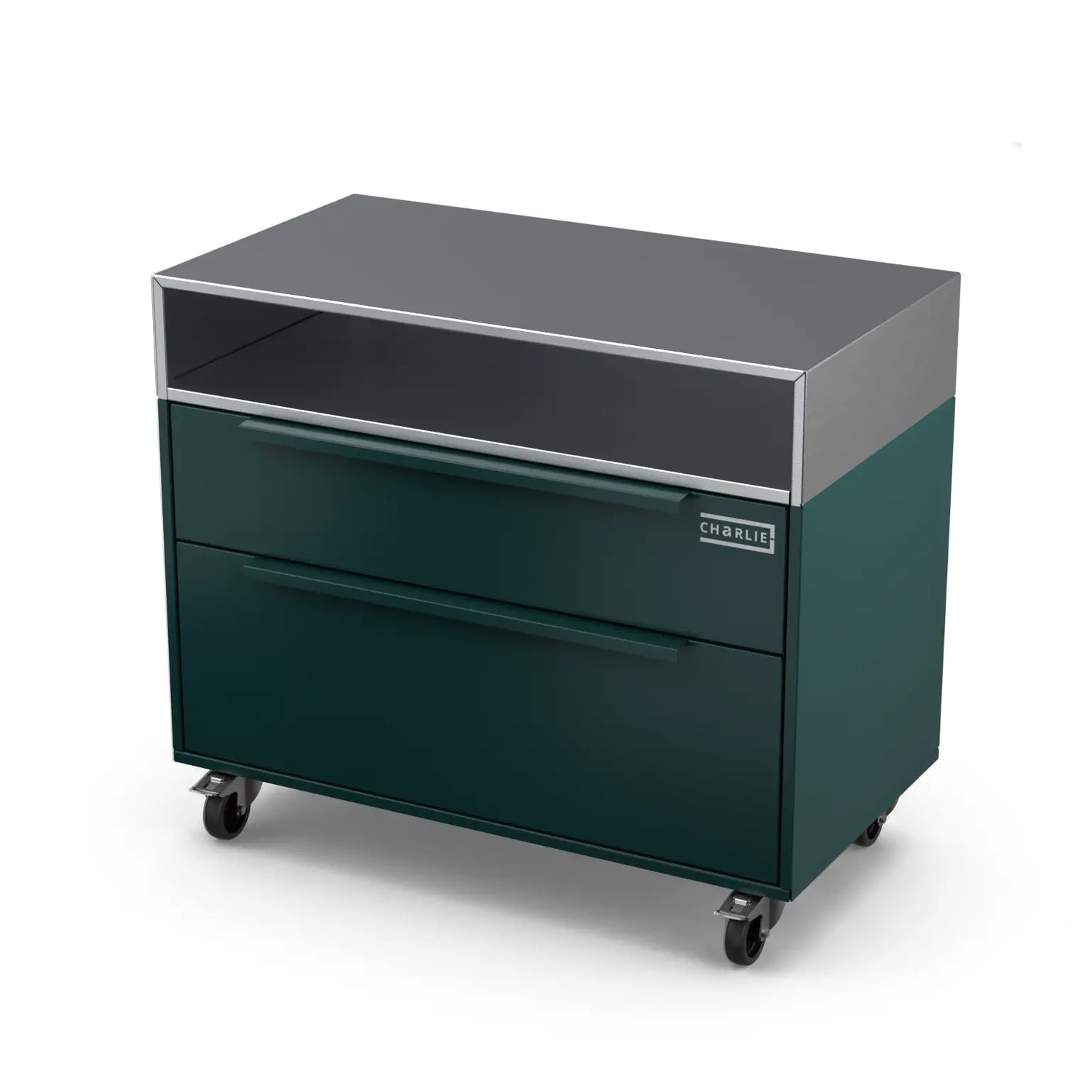 Two Drawer Base Cabinet, agave green outdoor kitchen unit at an angle