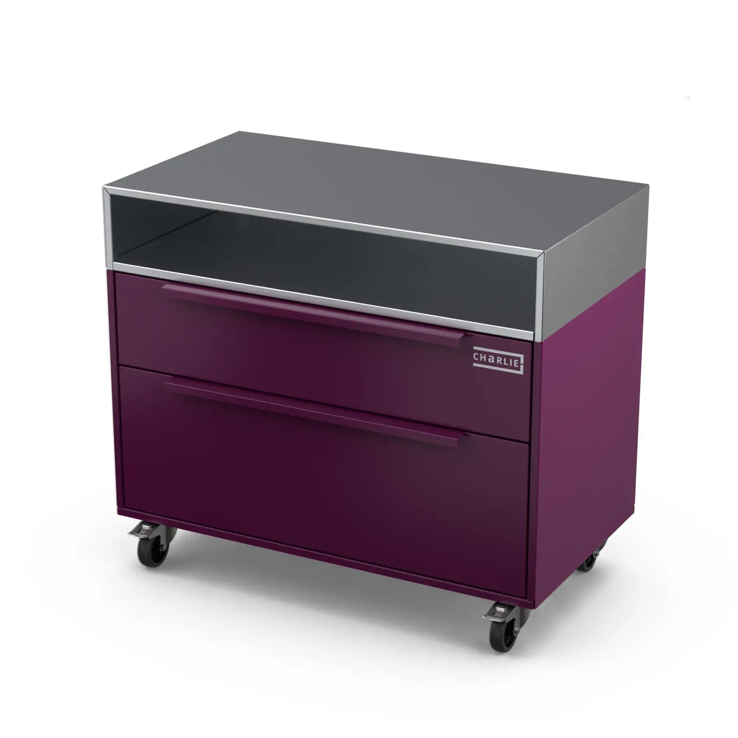 Angled view of the Two Drawer Base Cabinet in beetroot red