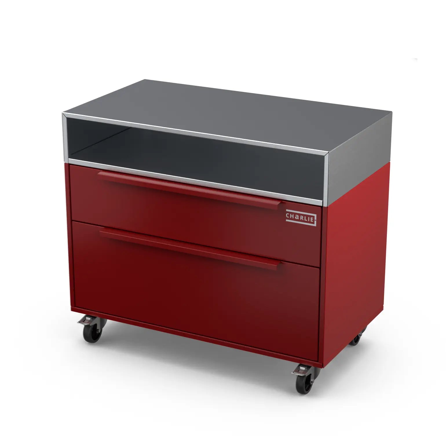 Two Drawer Base Cabinet in dark cherry red, angled three quarter view