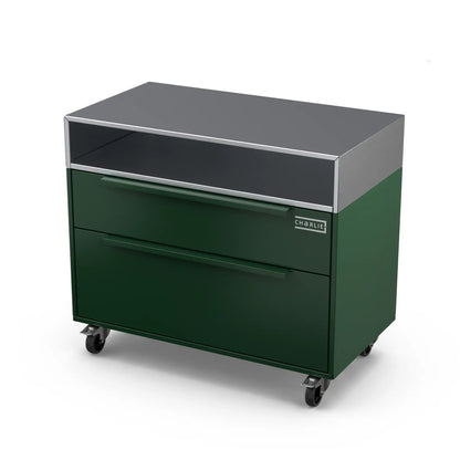Two Drawer Base Cabinet, green chilli outdoor kitchen unit at an angle