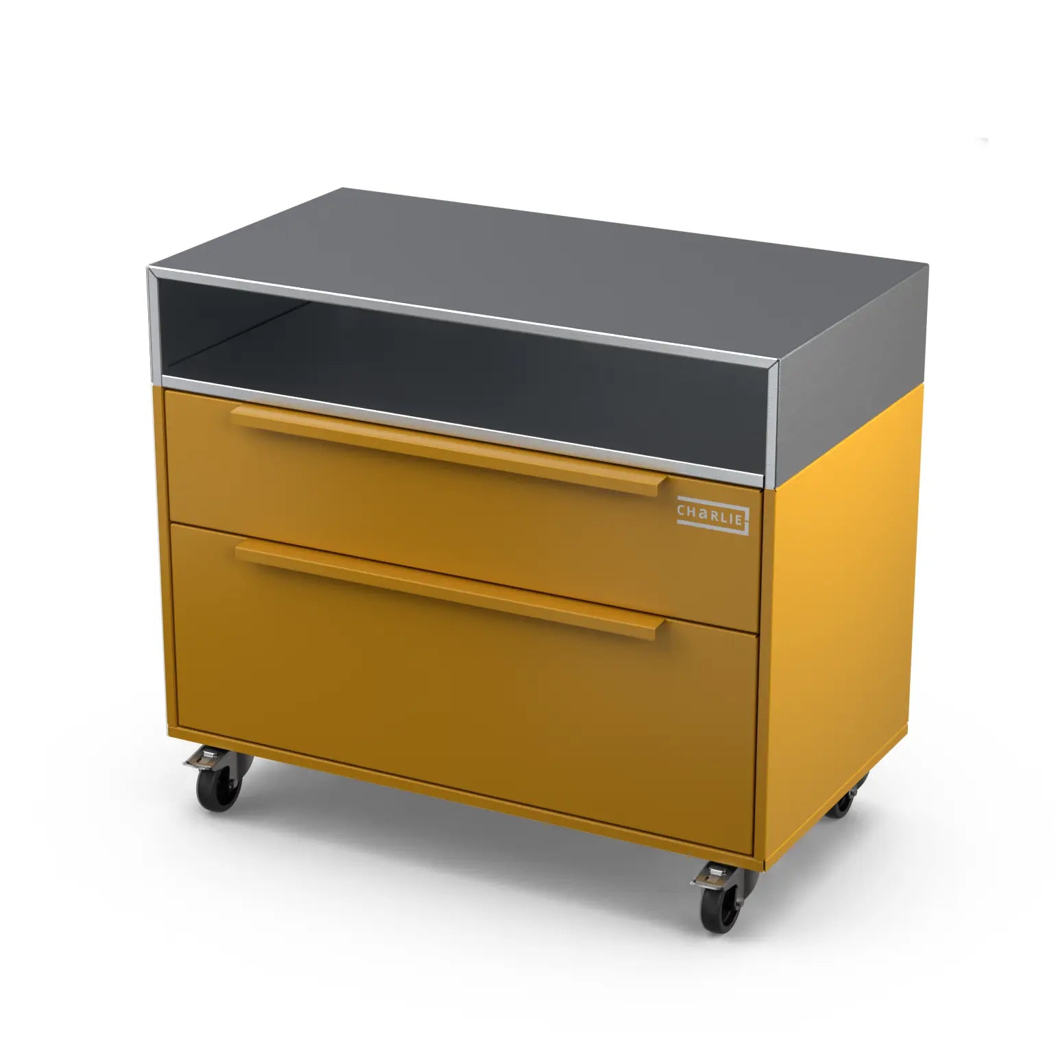 Two Drawer Base Cabinet in honeycomb yellow, angled three quarter view