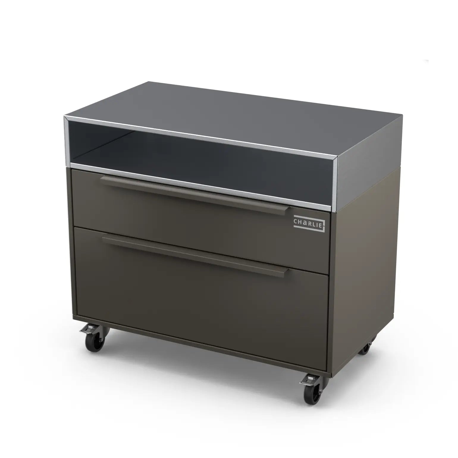 Angled view of the Two Drawer Base Cabinet in porcini beige