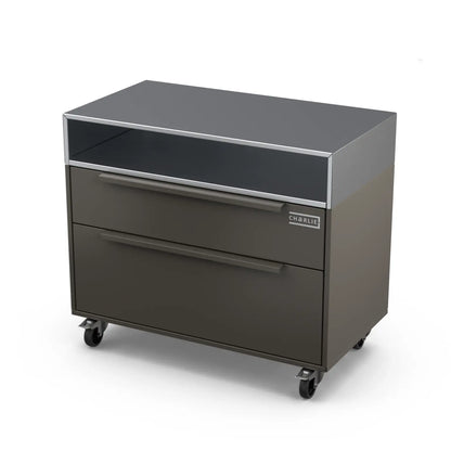 Angled view of the Two Drawer Base Cabinet in porcini beige