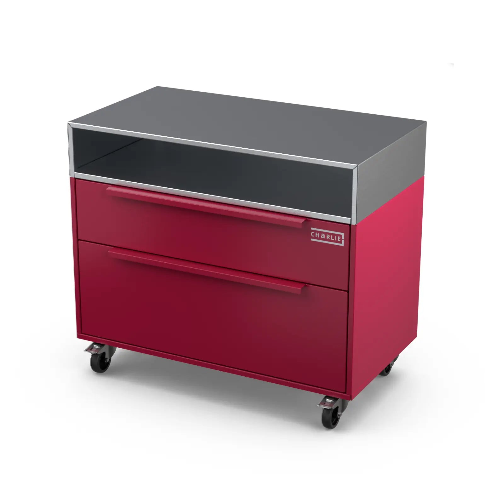 Two Drawer Base Cabinet in rhubarb pink, angled three quarter view