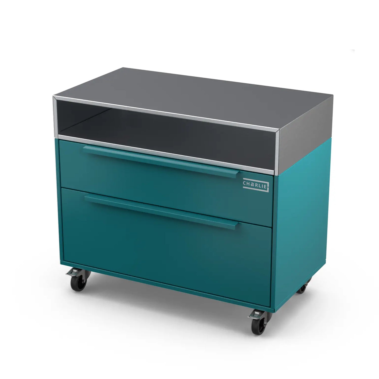 Two Drawer Base Cabinet, teal duck blue outdoor kitchen unit at an angle