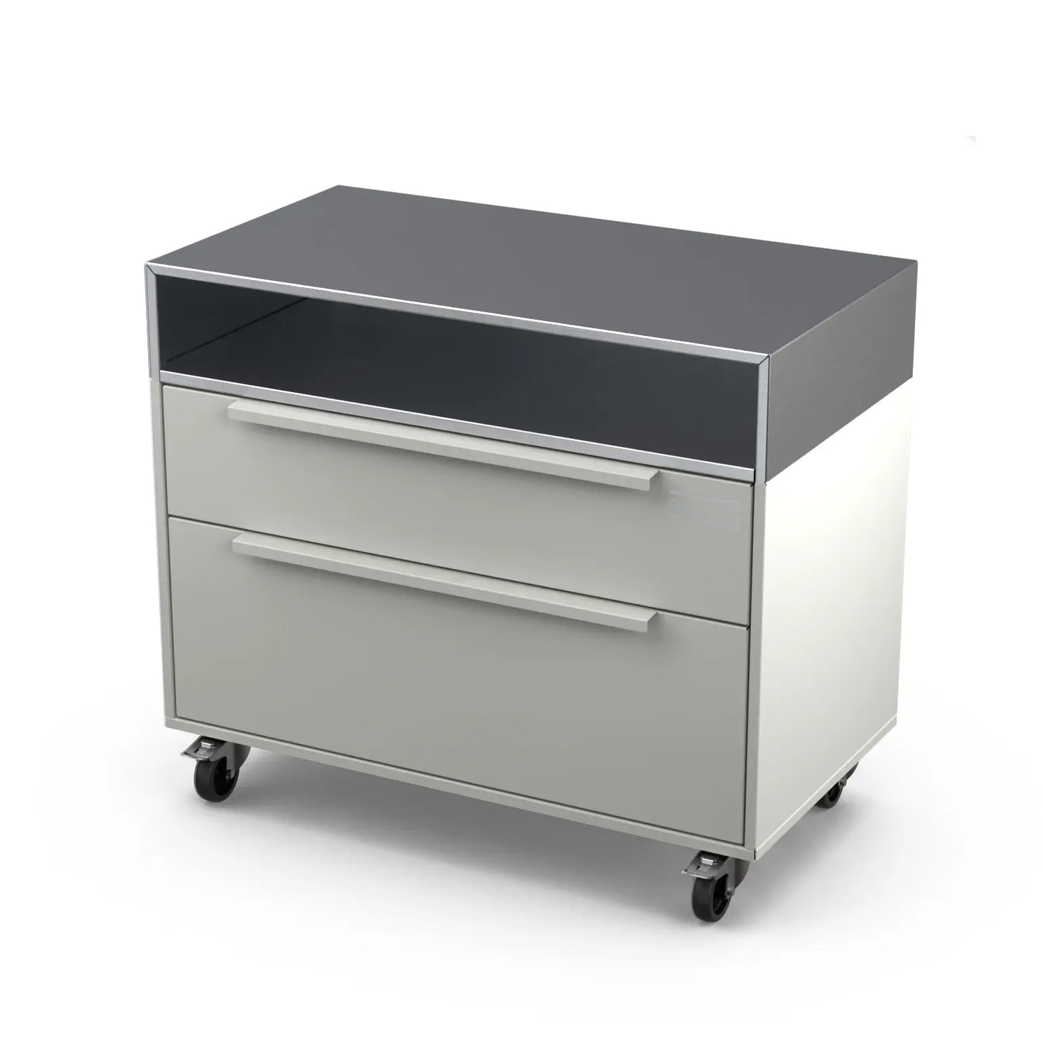 Angled view of the Two Drawer Base Cabinet in truffle grey