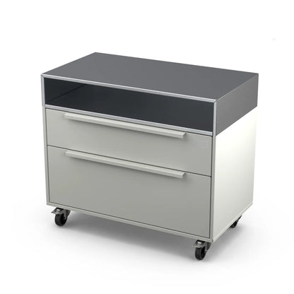 Angled view of the Two Drawer Base Cabinet in truffle grey