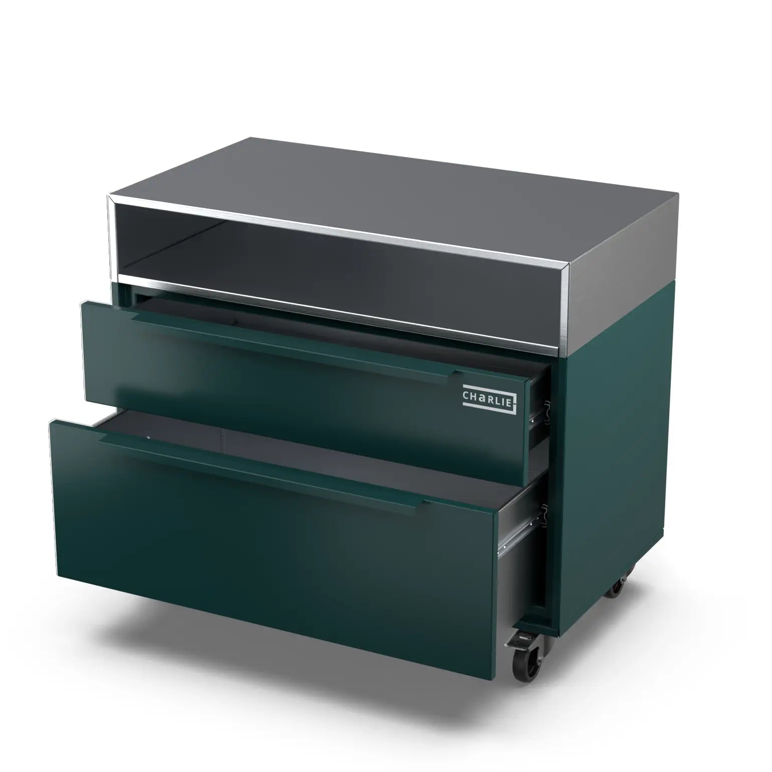 Two Drawer Base Cabinet in agave green with the door open showing storage