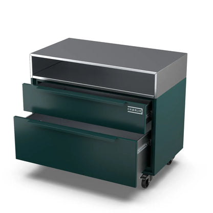 Two Drawer Base Cabinet in agave green with the door open showing storage
