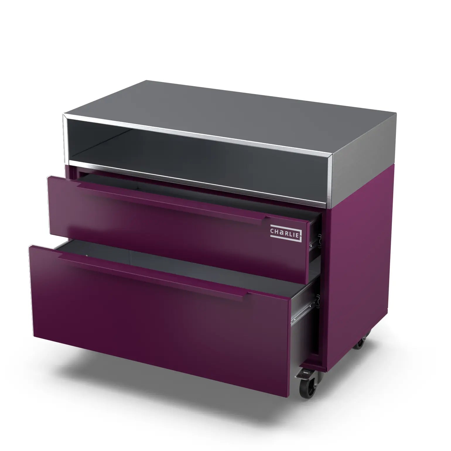 Two Drawer Base Cabinet in beetroot red, door open to reveal the interior