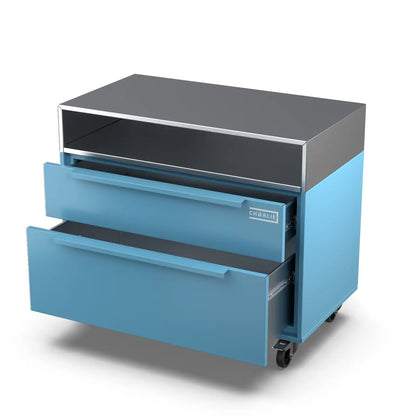 Two Drawer Base Cabinet in blue marlin blue, door open to reveal the interior