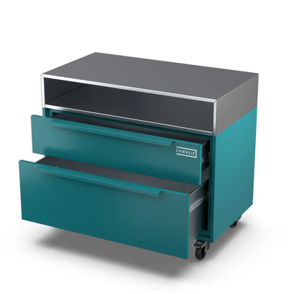 Two Drawer Base Cabinet in teal duck blue with the door open showing storage
