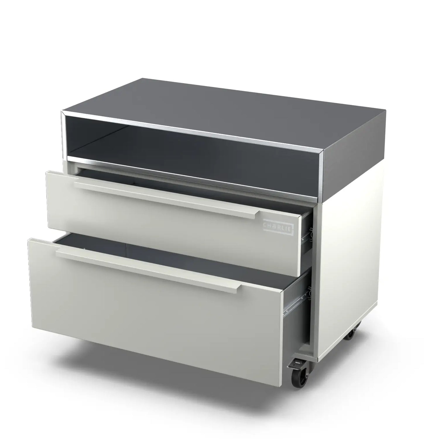 Two Drawer Base Cabinet in truffle grey with the door open showing storage