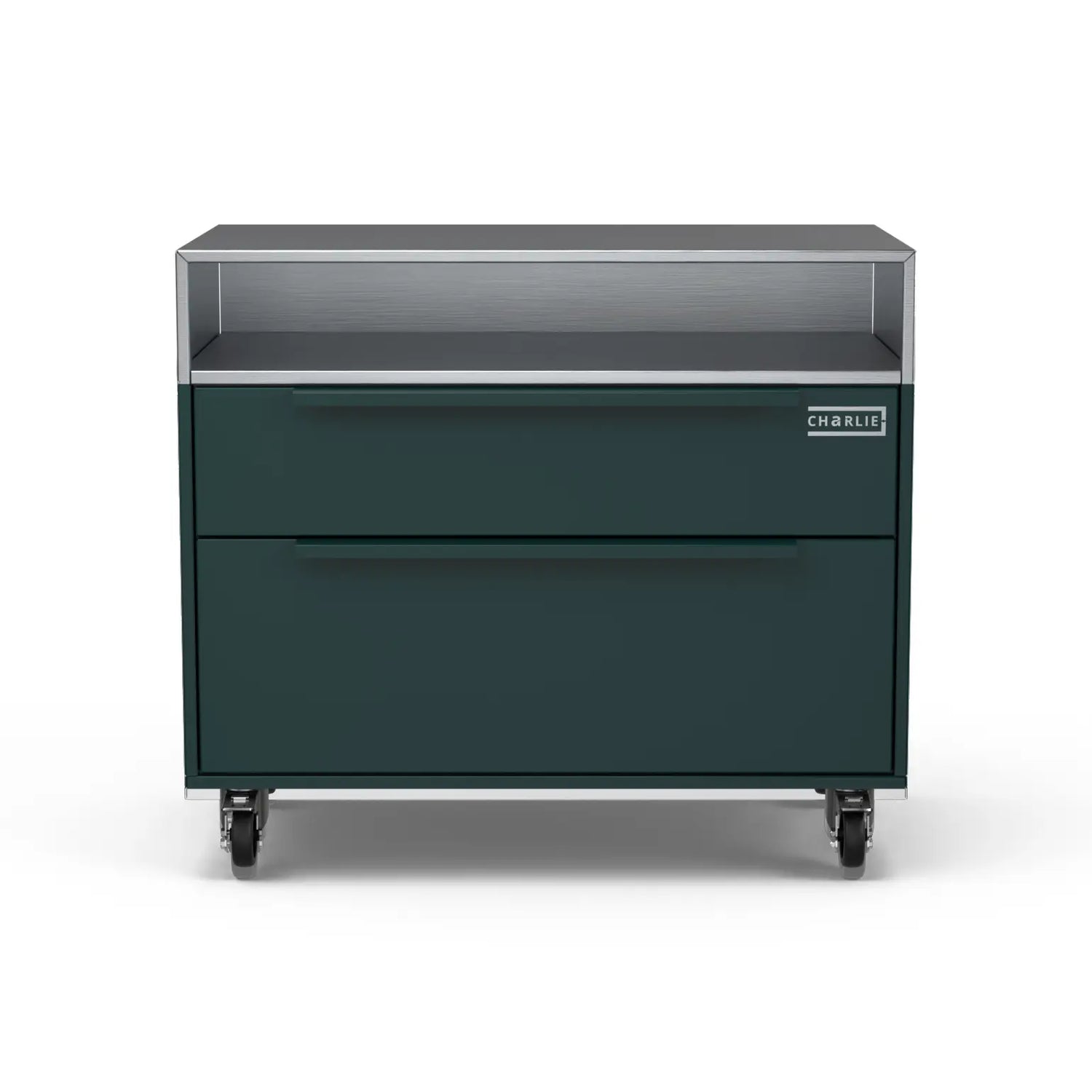 Two Drawer Base Cabinet, agave green unit photographed straight on