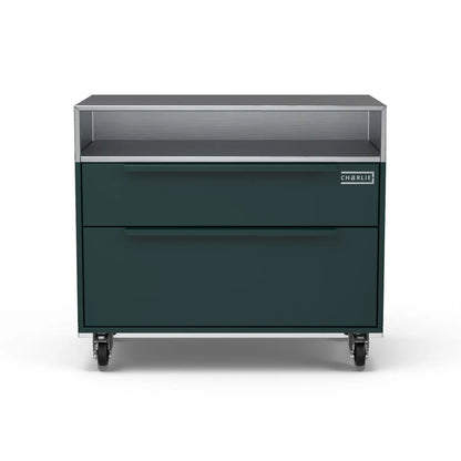 Two Drawer Base Cabinet, agave green unit photographed straight on