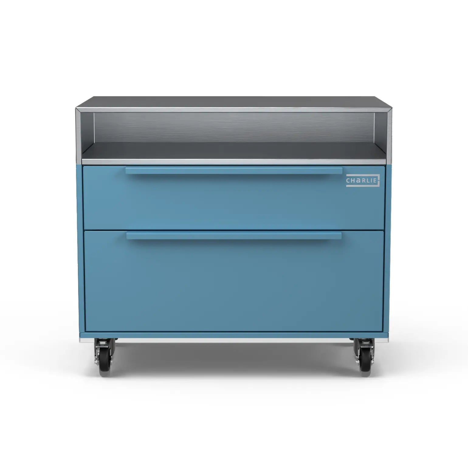 Two Drawer Base Cabinet, blue marlin blue unit photographed straight on