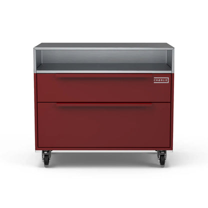 Front view of the Two Drawer Base Cabinet in dark cherry red
