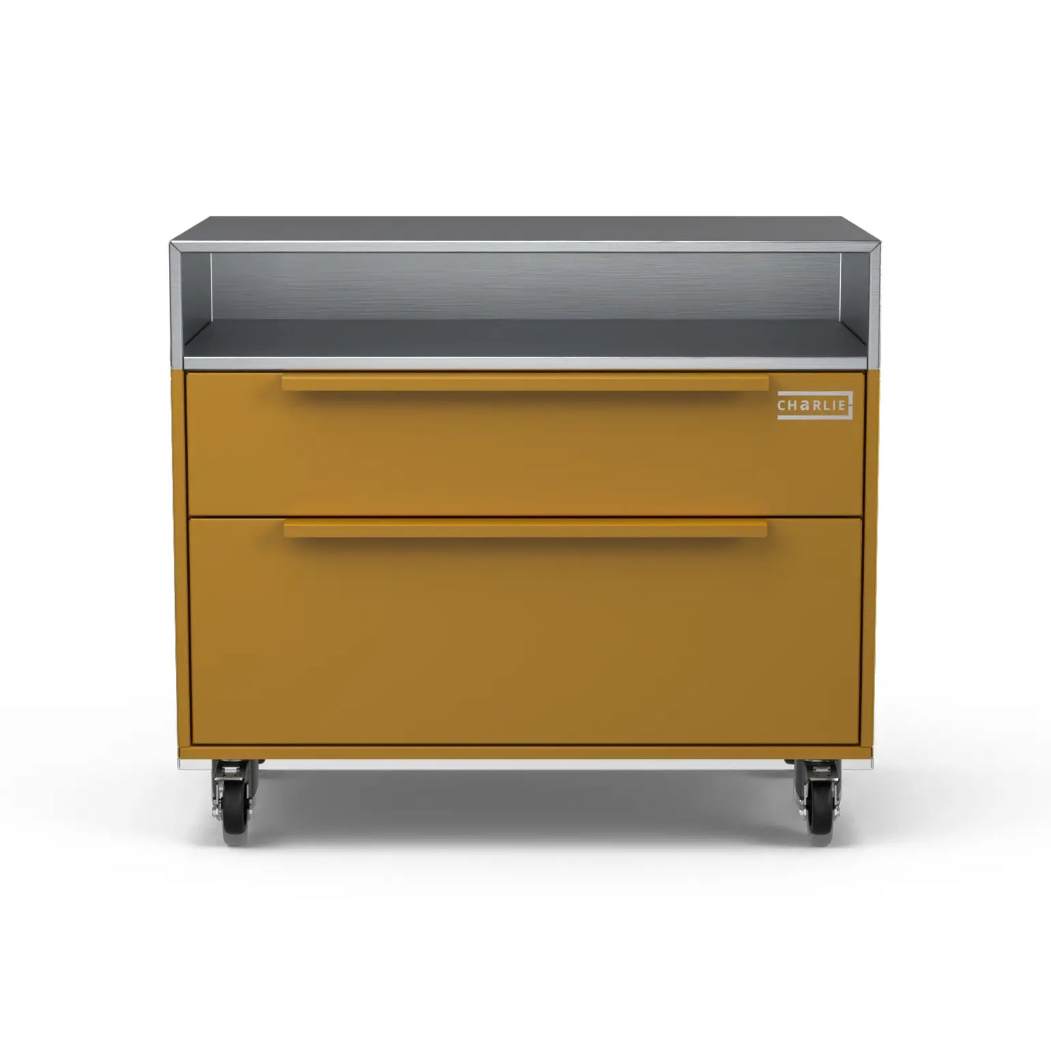 Two Drawer Base Cabinet in honeycomb yellow, front facing view