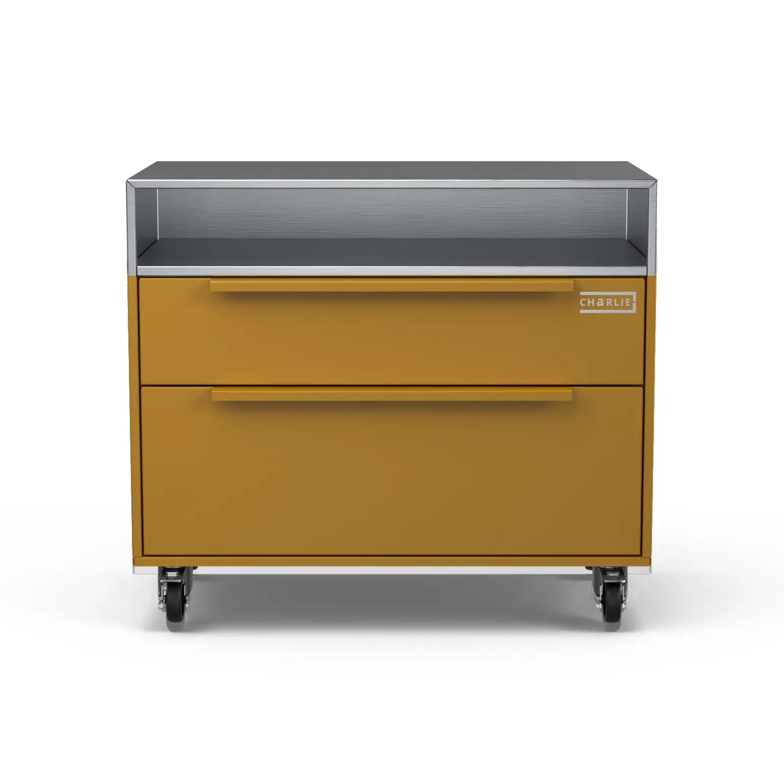 Two Drawer Base Cabinet in honeycomb yellow, front facing view
