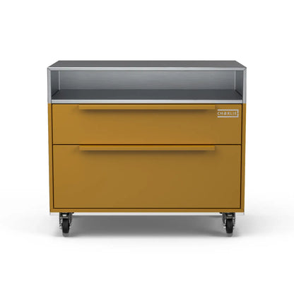 Two Drawer Base Cabinet in honeycomb yellow, front facing view