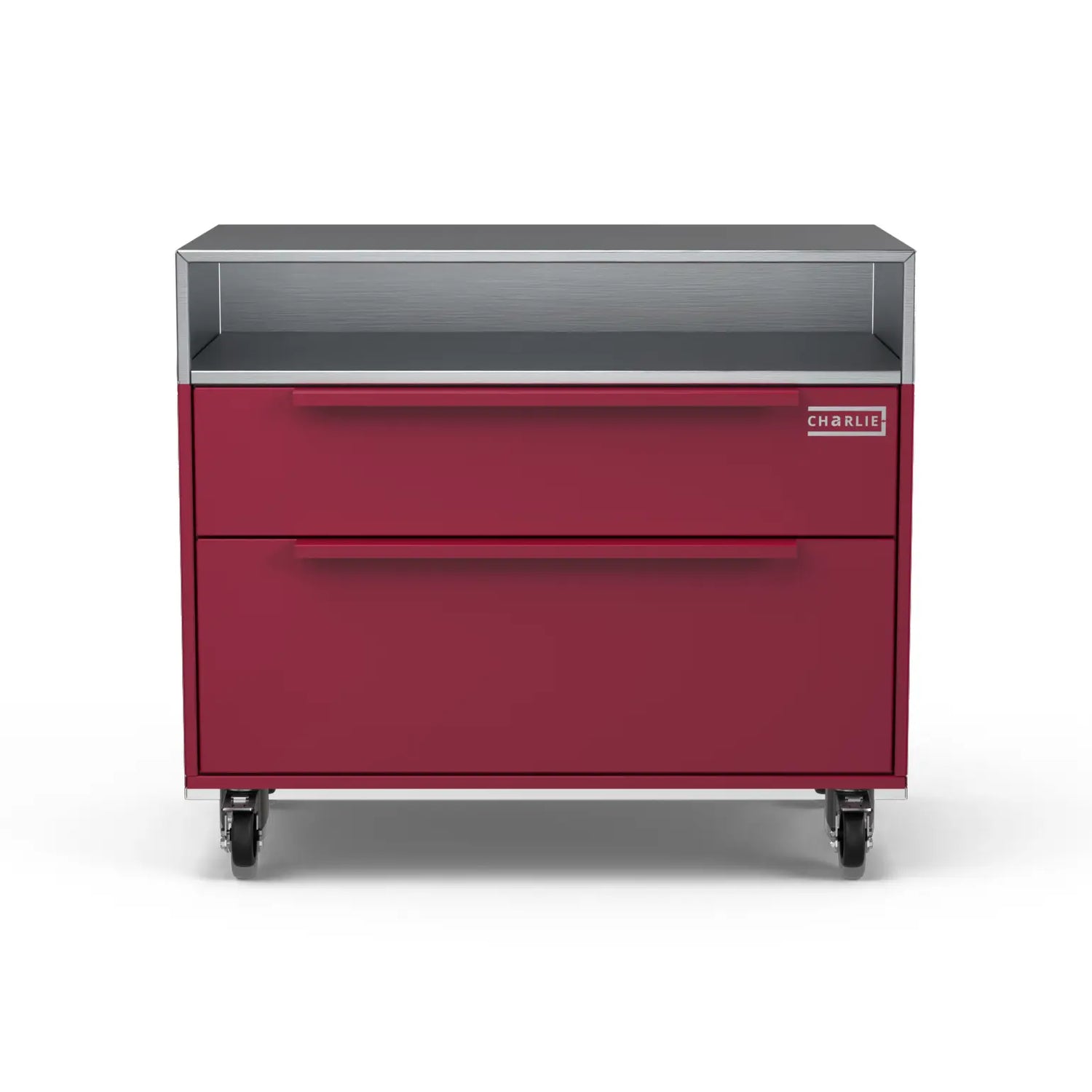 Front view of the Two Drawer Base Cabinet in rhubarb pink
